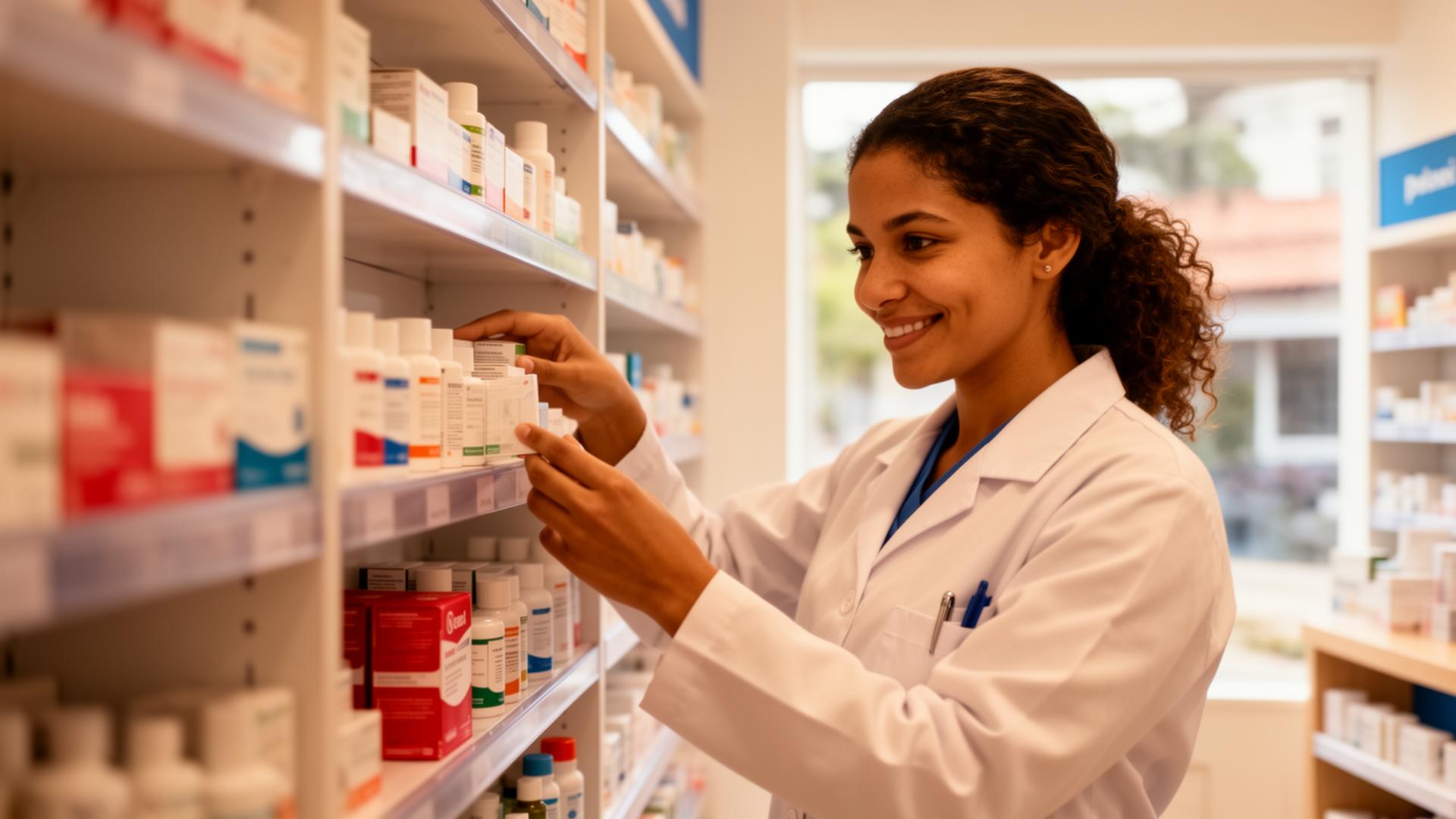 Farmacêutica da Rede Farma Boss atendendo no balcão